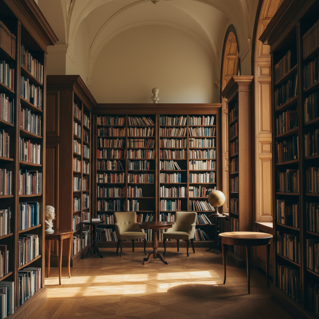 Lugnt biblioteksrum med höga bokhyllor och varmt naturligt ljus som symboliserar kunskap, stabilitet och reflektion