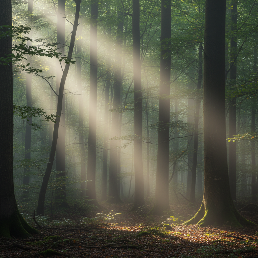 Mjukt ljus som bryter igenom dimma i en skog — en symbol för klarhet och ny förståelse