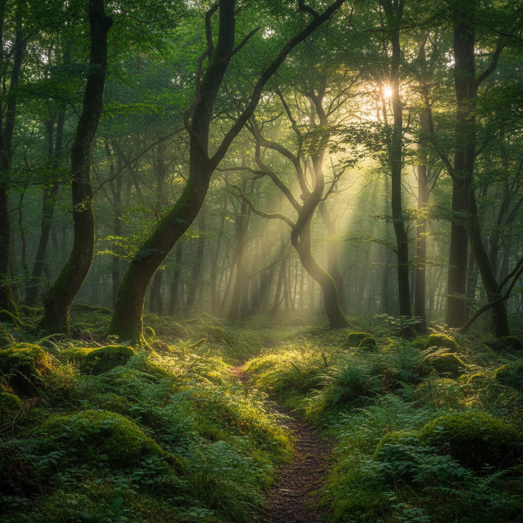 Stilla skogslandskap i tidigt morgonljus med djupa gröna toner som förmedlar ro och balans
