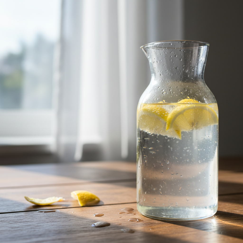 Glaskaraff med klart vatten och citronskivor på ett trä-bord med naturligt ljus från sidan