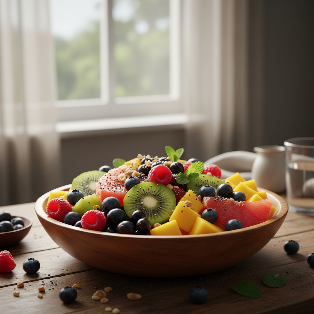 Skål med färgrika bär och frukter rika på vitaminer och mineraler, fotograferade i mjukt naturljus